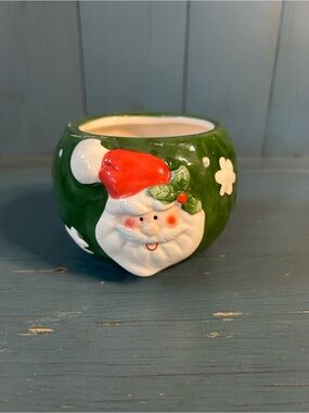 Green Santa Ceramic Holiday Planter with Red Hat